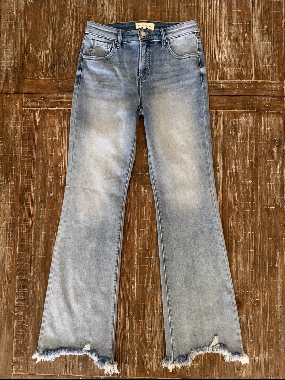 Risen - High-Rise Light Blue Flare Jeans with Frayed Hem - Size 7/28